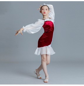 Girls kids children red velvet with white latin dance dresses salsa chacha rumba ruffles dance skirts dew shoulder ballroom dance costumes 